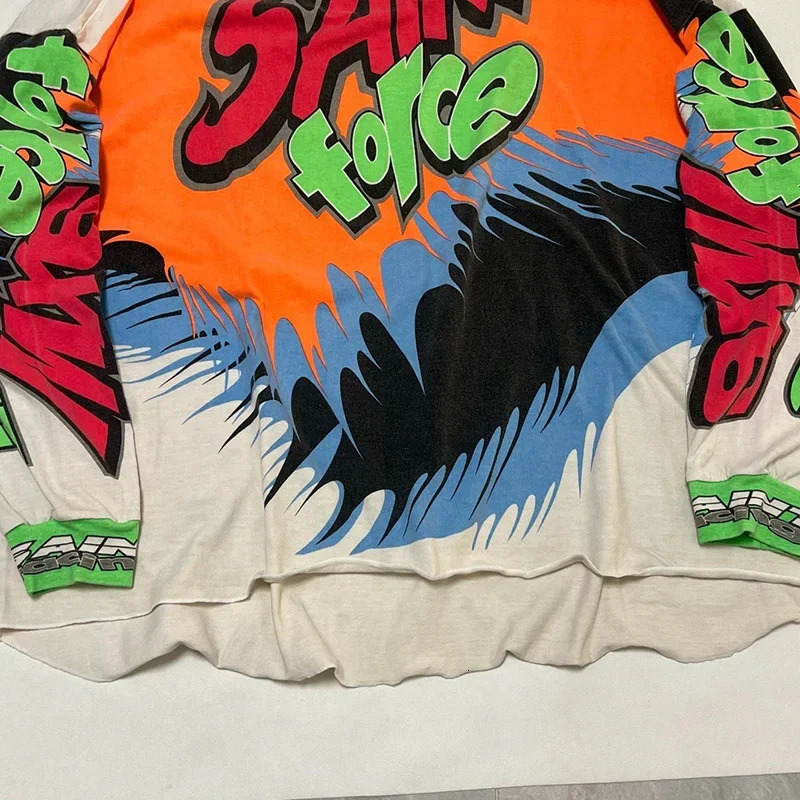Quality Cotton Racing Style Oversized T Shirt Men Women Vintage Color Blocking Graffiti Saint Micheal Long Sleeve T-Shirt 250318
