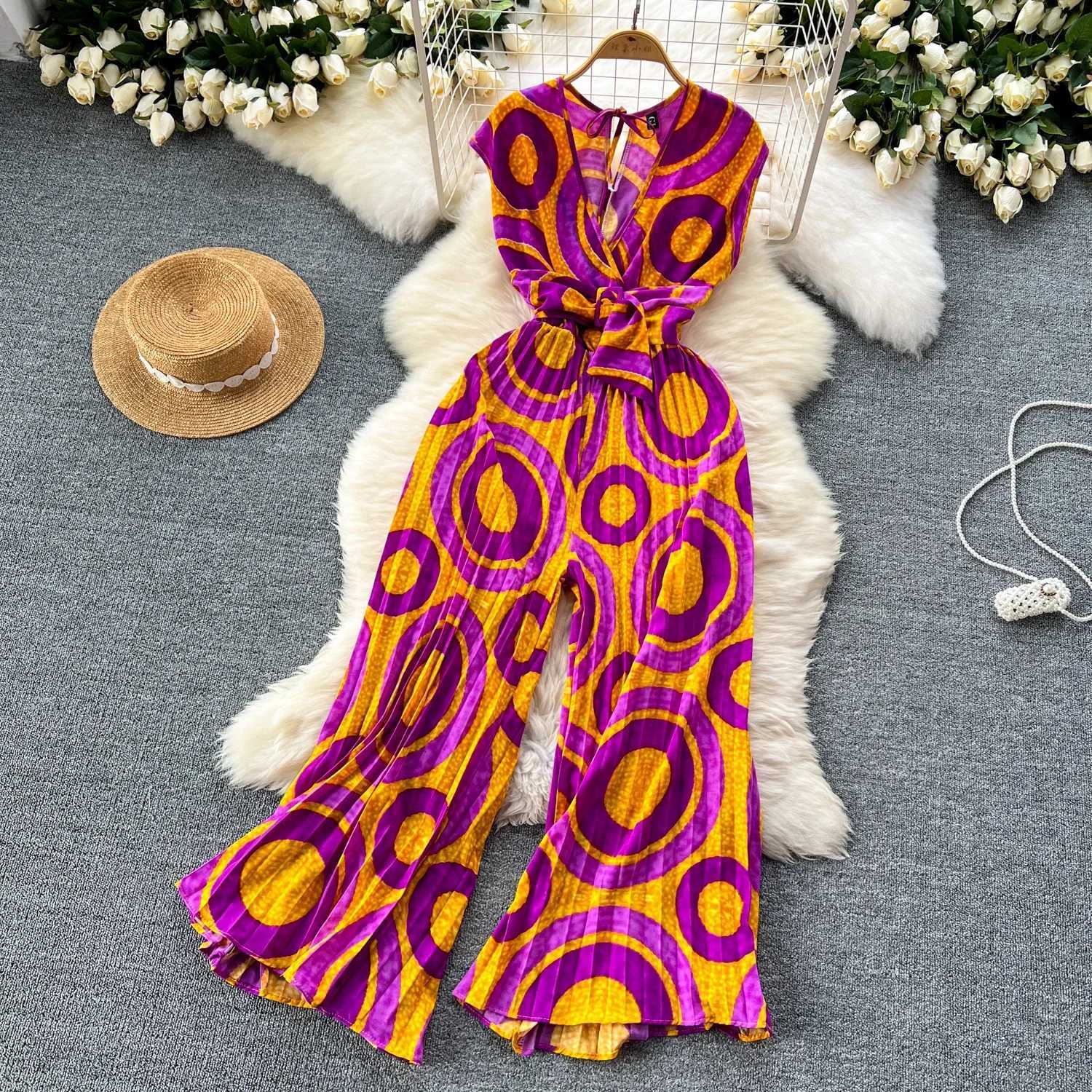 2024 Summer Elegant Womens Abstract Printed jumpsuit Fashion T-shirt Wide Leg Waiver Strapless X250318