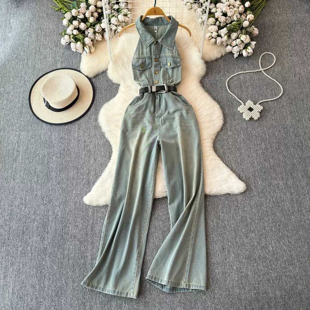 Womens denim jumpsuit tight fitting single chest casual high waist summer button up lapel wide leg jumpsuit X250318