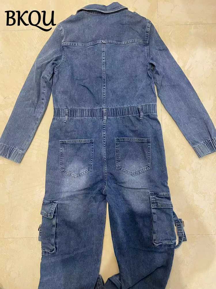 BKQU Denim Cargo Jumpsuit Women Pockets Patchwork Fashion Lapel Zipper Jean Stretch Overalls Playsuit Fall Winter Y2k Strtwear X2503181