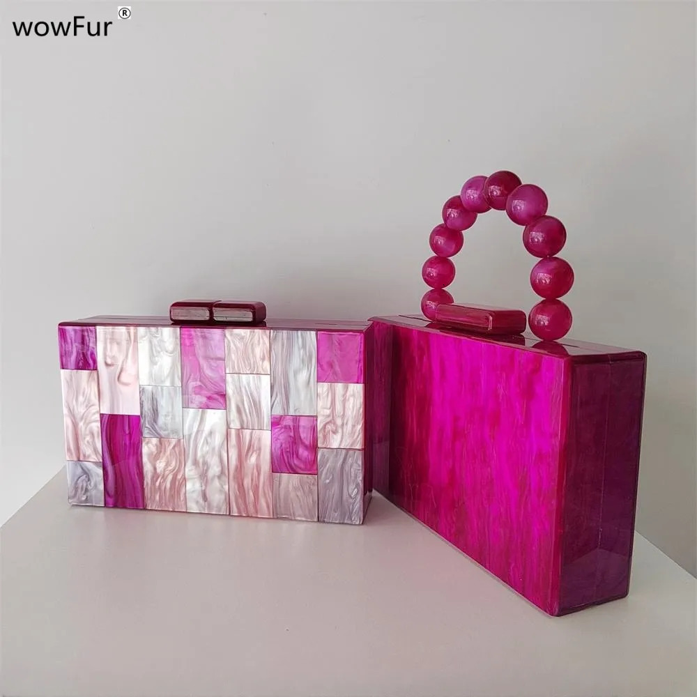Pearl Rose Pink Plaid Acrylic Box Evening Clutch Bags Wedding Women Dinner Dress Purses er Ladies Chain Handbag Chic 250318