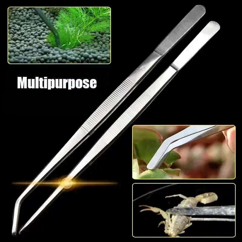 Stainless Steel Aquarium Tweezers Pliers Fish Tank Plant Aquascape Tools Straight Curved Forceps Clip Aquatic Feeding Tongs
