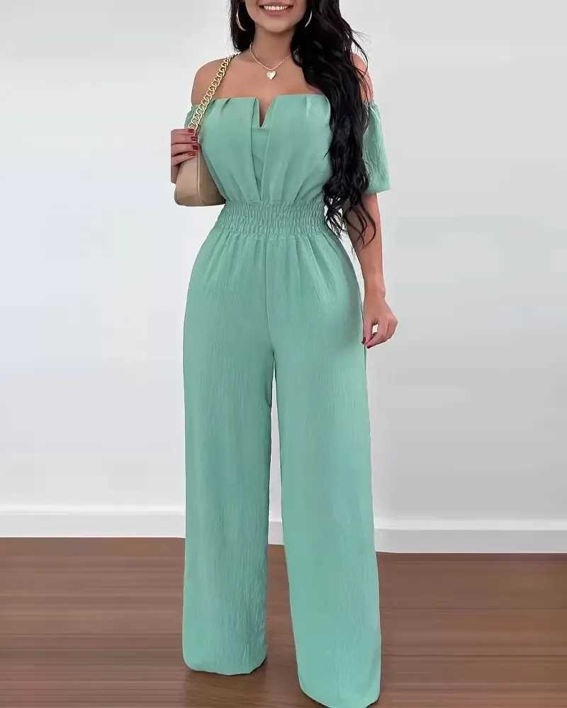 Summer elegant shoulder womens jumpsuit 2024 fashion trend casual shorts Slve wide leg pants womens jumpsuit X2503181