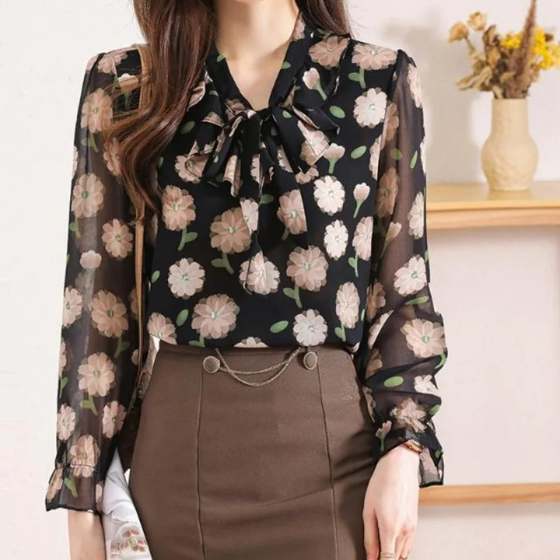 Women Spring Summer Fashion Printing Lacing V-neck Long Sleeve Chiffon Shirts Ladies Elegant Temperament All-match Casual Tops 250318