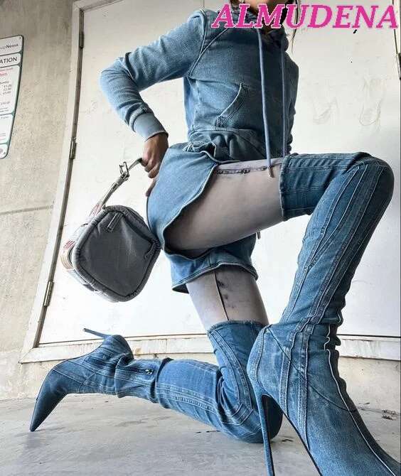 Women Sexy Denim Stiletto Over Knee Pointy Toe Blue Tall Cowboy Boots High Heels Zipper Designer Plus Size Shoes