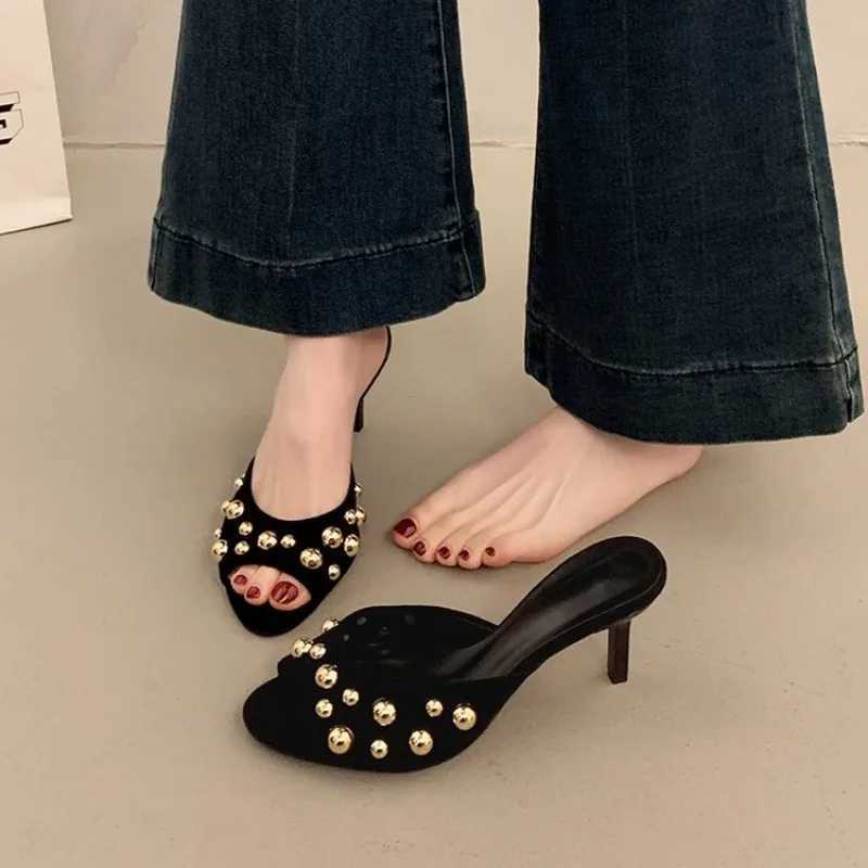 Studied Peep Toe Mes Stiletto High Heels with Gold Decoration Classic Sexy Lace Summer Sandals Party Casual Single Shoes Y250317