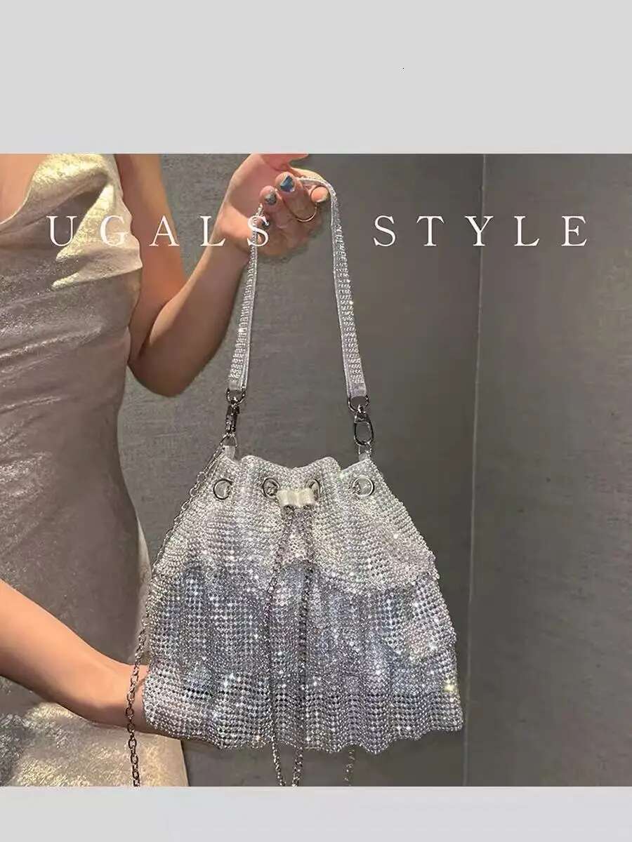 Glitter Dia Pleated Skirt Women Handbag Rhies Evening Bucket Clutch Purse For Wedding Party Shoulder Bag