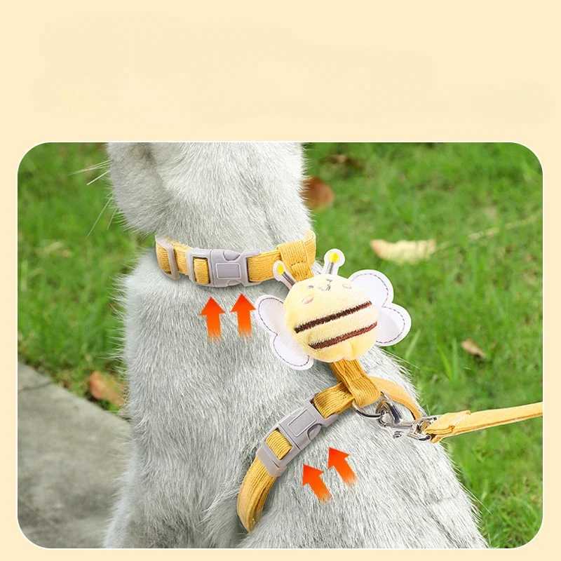 Cat harness collar set with adjustable cartoon bee double layered dog harness for small and medium-sized pet collars for outdoor walkingT250319
