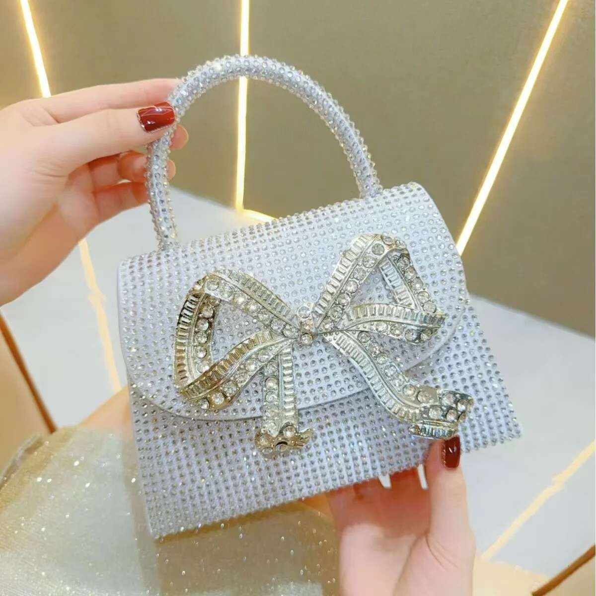 Glitter Shiny Rhies Dia Metal Bow Knot Women's Handbag Shoulder Messenger Wedding Party Clutch Purse Evening Bag