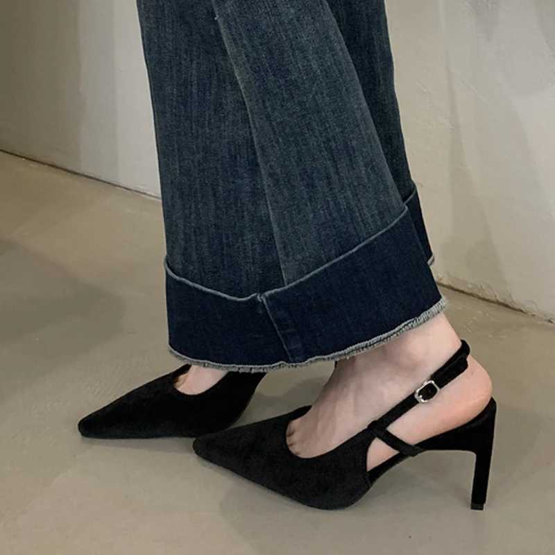 Similar Street Style Sexy Back Buckle Strap Wen Pumps Stripper Sandals Solid Black Pointed Toe Slingback High H Fem Shoes Y250317