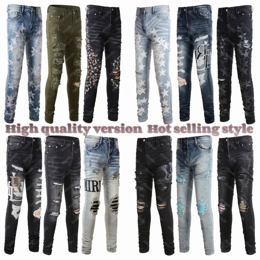 designer mens jeans flared baggy Jeans with Holes Straight Leg Zipper Hip Hop Bikers Motorcycle jeans