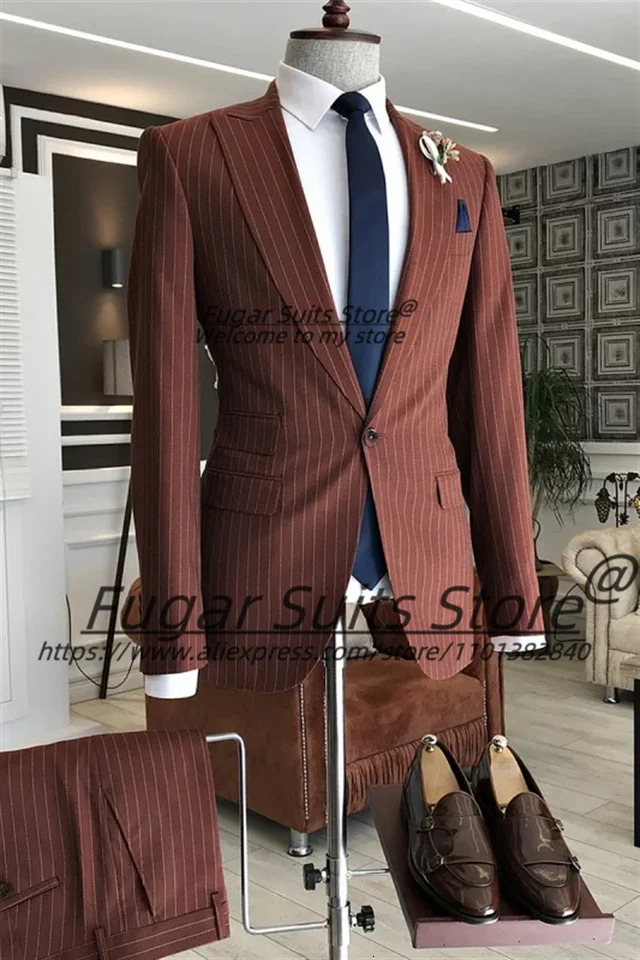 Wine Red Stripe Wedding Suits For Men Slim Fit Lapel Groom Party Tuxedos 2 Pieces Sets Business Male Blazers Costume Homme 250224