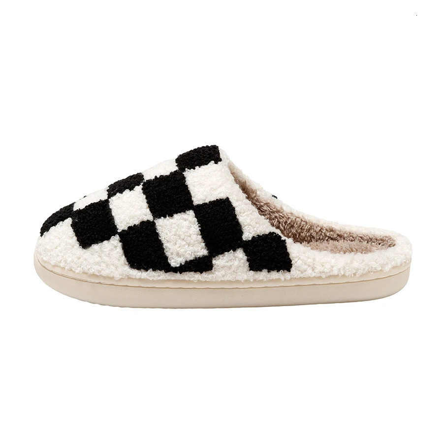 Fuzzy Slippers Fashion Checker Indoor Embroidery Houseshoes Cozy Woman Winter Fluffy House Retro Checkered Print Shoes 250318