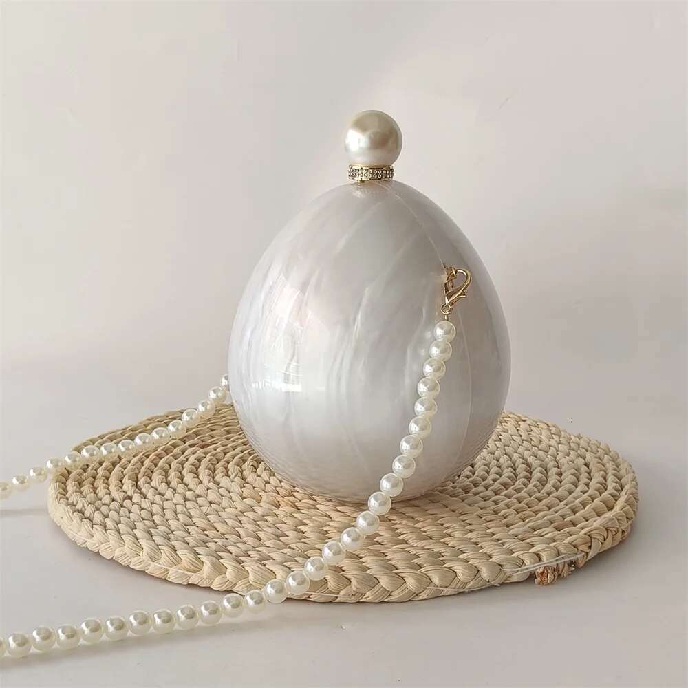 White Ball Women Trendy Acrylic Evening Clutch Glitter Marble Purse Banquet Party Prom Handbag Pearl Long Chain Pro Beach Bags