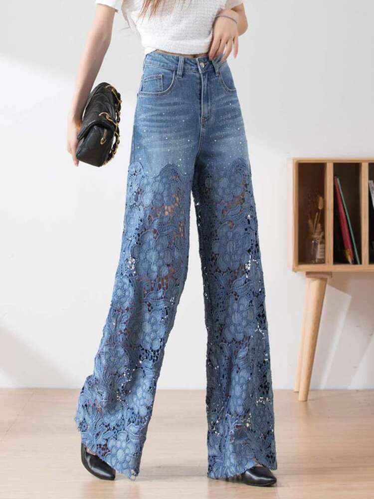 VGH Solid Hollow Out Patchwork Lace Casual Jeans For Women High Waist Spliced Pockets Minimalist Loose Wide Leg Pants Female New