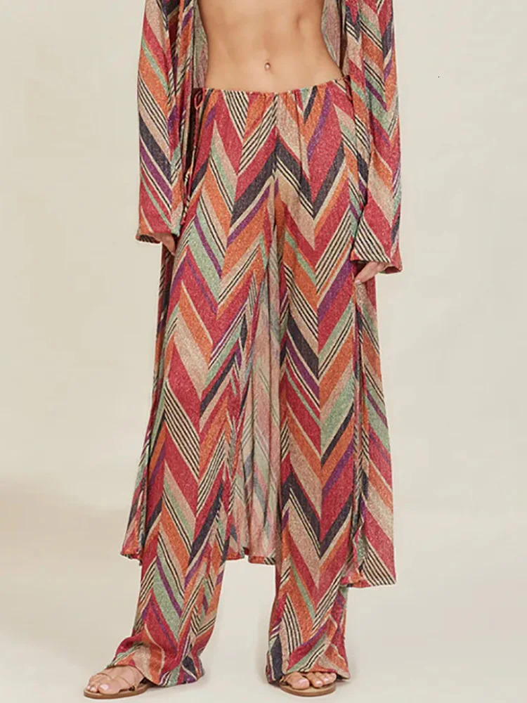 Womens retro printed special outfit matching set of spring and summer long cardigan wool sweater lace pants sexy womens 2piece 250318