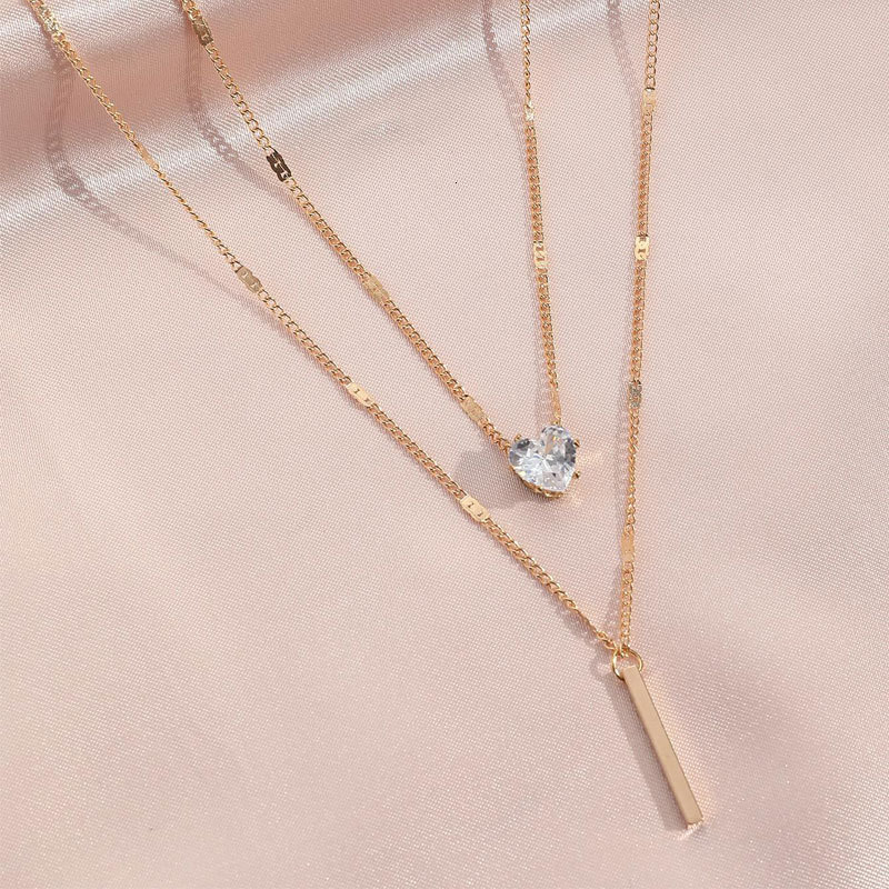 Crystal Zircon Love Long Double Pendant Necklace Women Simple Everything Choker Jewelry