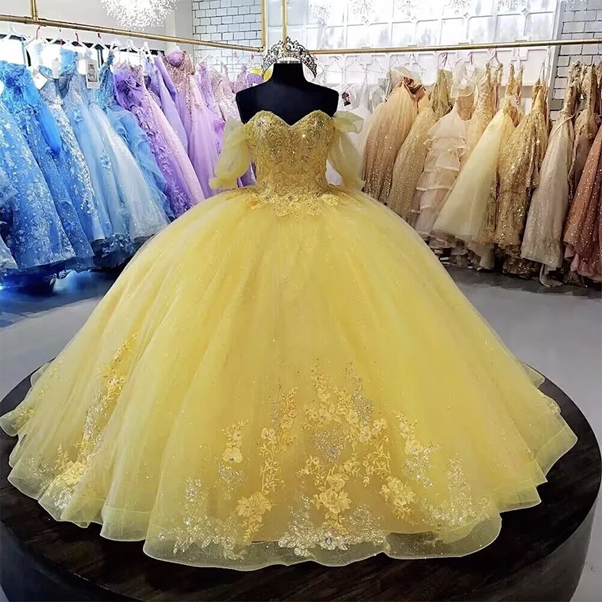 Yellow Quinceanera Dresses 2025 Puff Sleeve Tulle Ball Gown Sparkly Sweet 15 Years Old Girls Prom Dress Beaded Lace Sweet 16 Birthday Party Dress Vest