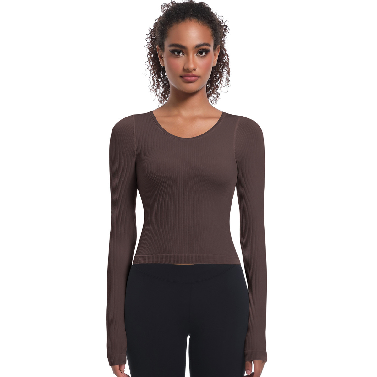 New tracksuit seamless knitted solid color thread fixed cup long sleeved high elasticity sports running fitness yoga suit top T-shirt leggings
