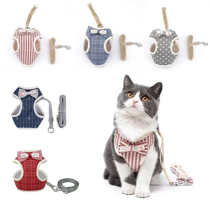 Bow Cat Strap and Belt Set Adjustable Dog Strap Cat Lead Belt Clothing Vest Nylon Mesh Cat Collar Cat AccessoriesT250319