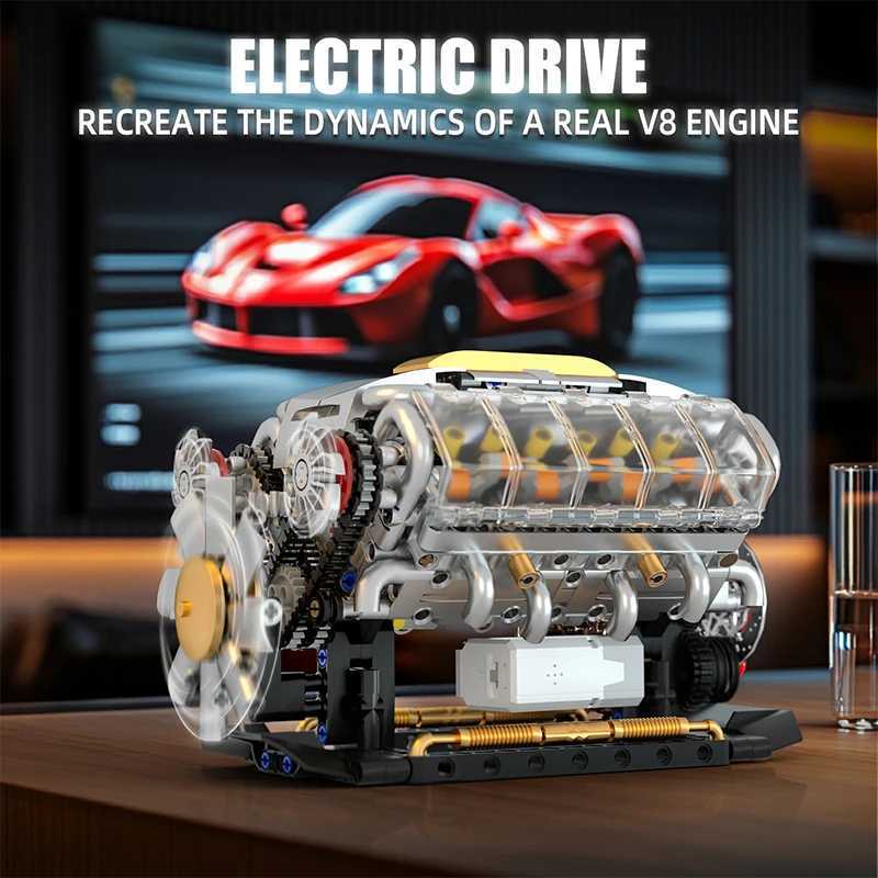 MOC Technik Electrically Driven V8 Engine Model Car Building Blocks Set Creative Educational Toys Christmas Gifts For Boys Kids W250318