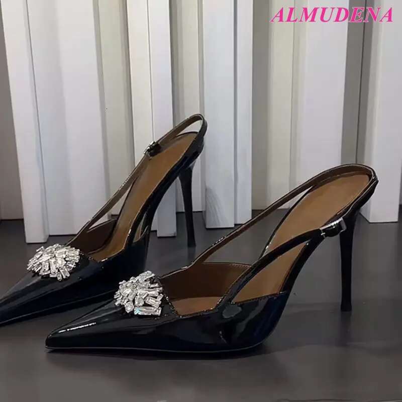 Black Patent Leather Crystal Wer High Heels Sgback Sexy Chic Pumps Women's 2025 New In Summer Designer Party Sandal