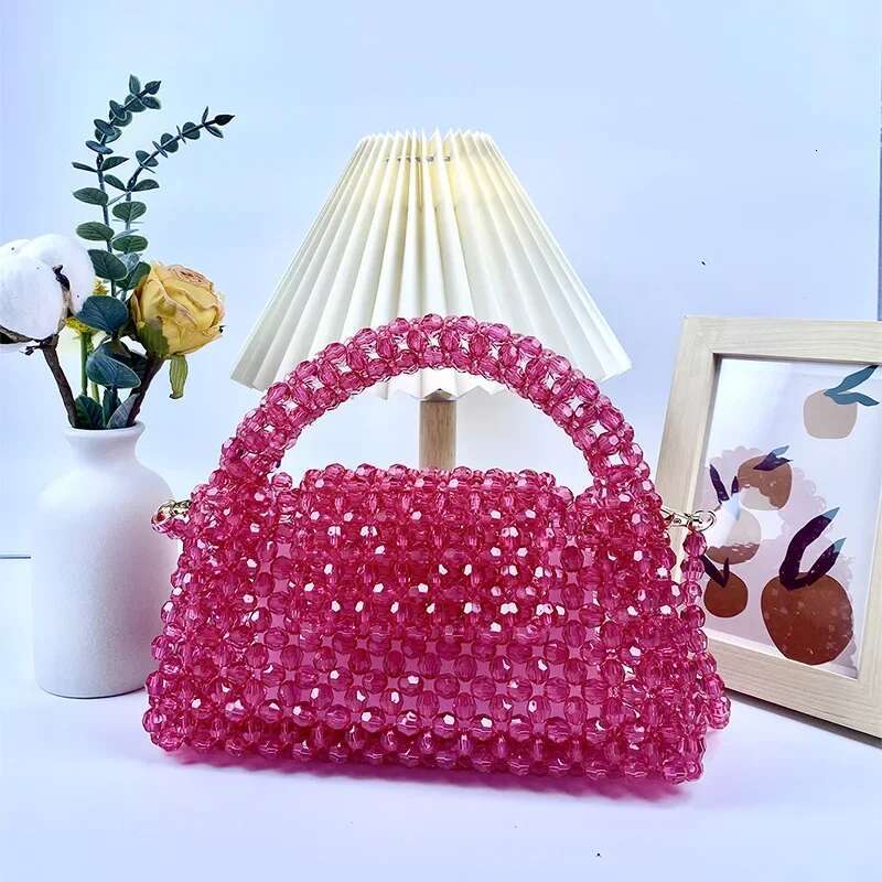 Meet You High Quality Handmade Clear Acrylic Beaded Evening Fashion Transparent Crystal Knitted Hollow Small Square Bag