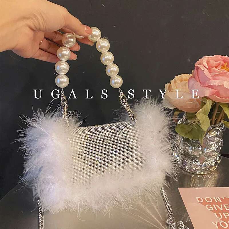 Ostrich Feather Women's Handbag Crystal Shiny Rhies Dia Evening Wedding Party Clutch Purse Shoulder Bag