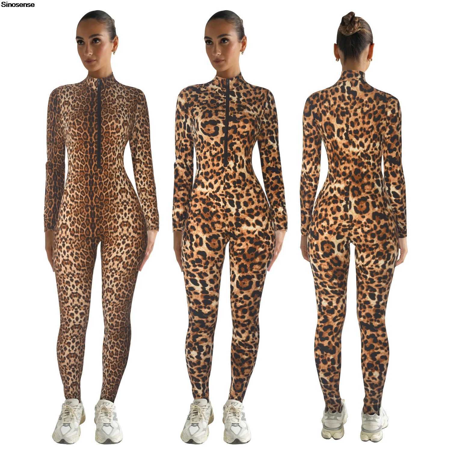 Womens Leopard Print One Piece Workout Jumpsuits Mock Neck Long Sleeve Zip Up Zip Up Romper Sexy Night Out Club Party Outfits X250318