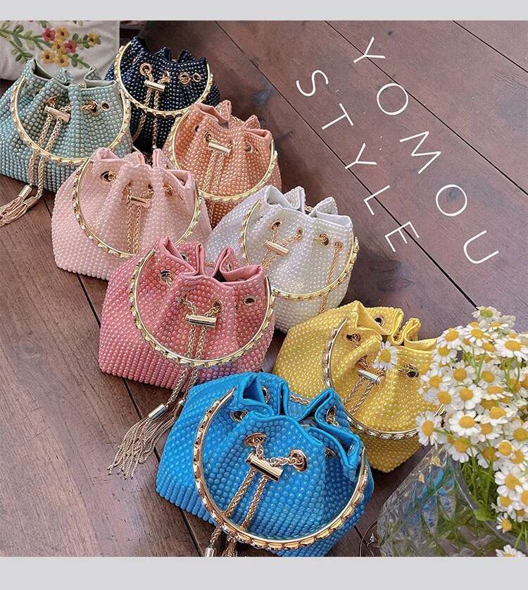 Fashion Ceramic Beads Beaded Shoulder Crossbody Metal Ring Handle Women's Handbag Evening Clutch Lady Purse Bucket Bag