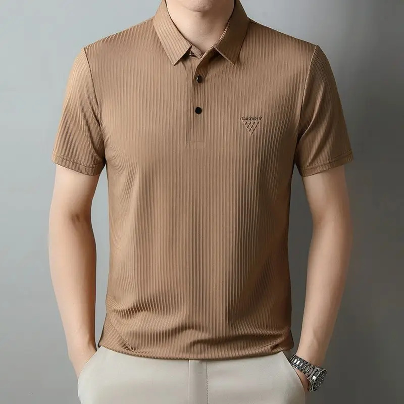 Mens Ice Silk Short sleeved T-shirt Embroidered Polo Shirt Fashion Thin Top Mens 250317