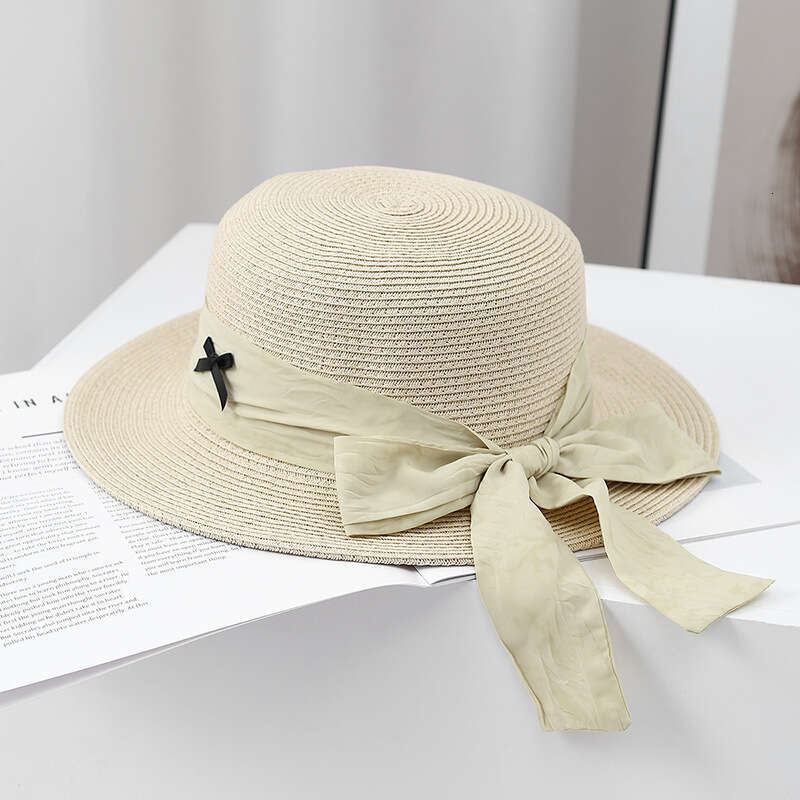 Summer fresh bow big ribbon flat top straw ins women's beach outdoor wide eave sunshade hat