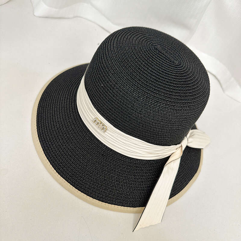 Summer metal letter label woven ribbon bow straw for women, beach vacation hat, outdoor protection sun hat