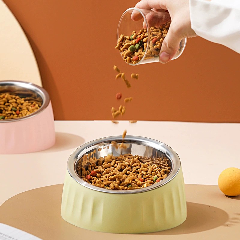 Stainless steel bowl with slanted mouth, knock and anti slip, dog plastic feeding, cat basin, pet bowl, supplies, tableware