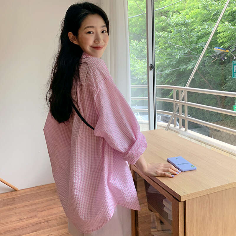 2022 Spring and Autumn Season New Korean Chic Lapel Single breasted Texture Checkered Loose Sun proof Mid length Shirt for Women