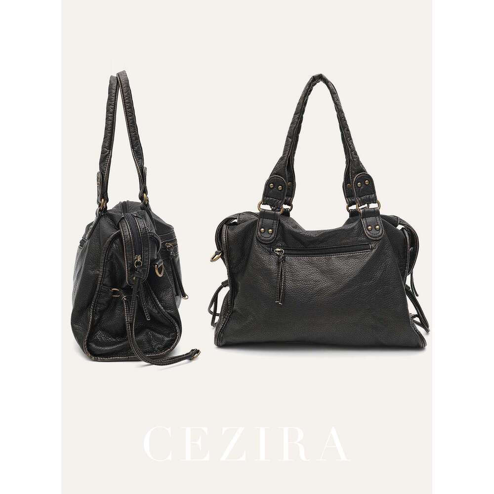Washed PU Vintage Leather Large Capacity Tote Zip Pockets Braid Decor Shoulder Cross body Bag Unisex Women Daily Travel Handbag