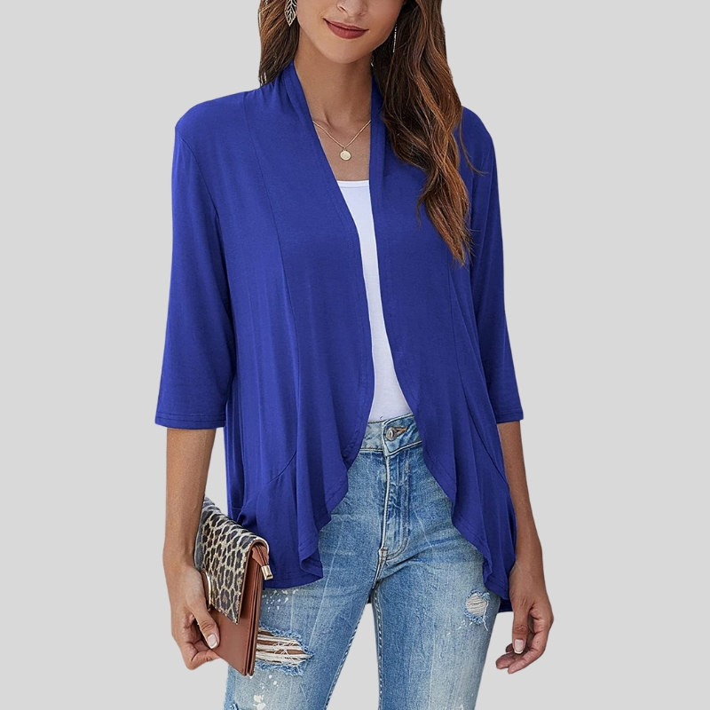 European and American women's clothing autumn new solid color cardigan jacket seven-quarter sleeve ruffle edge top