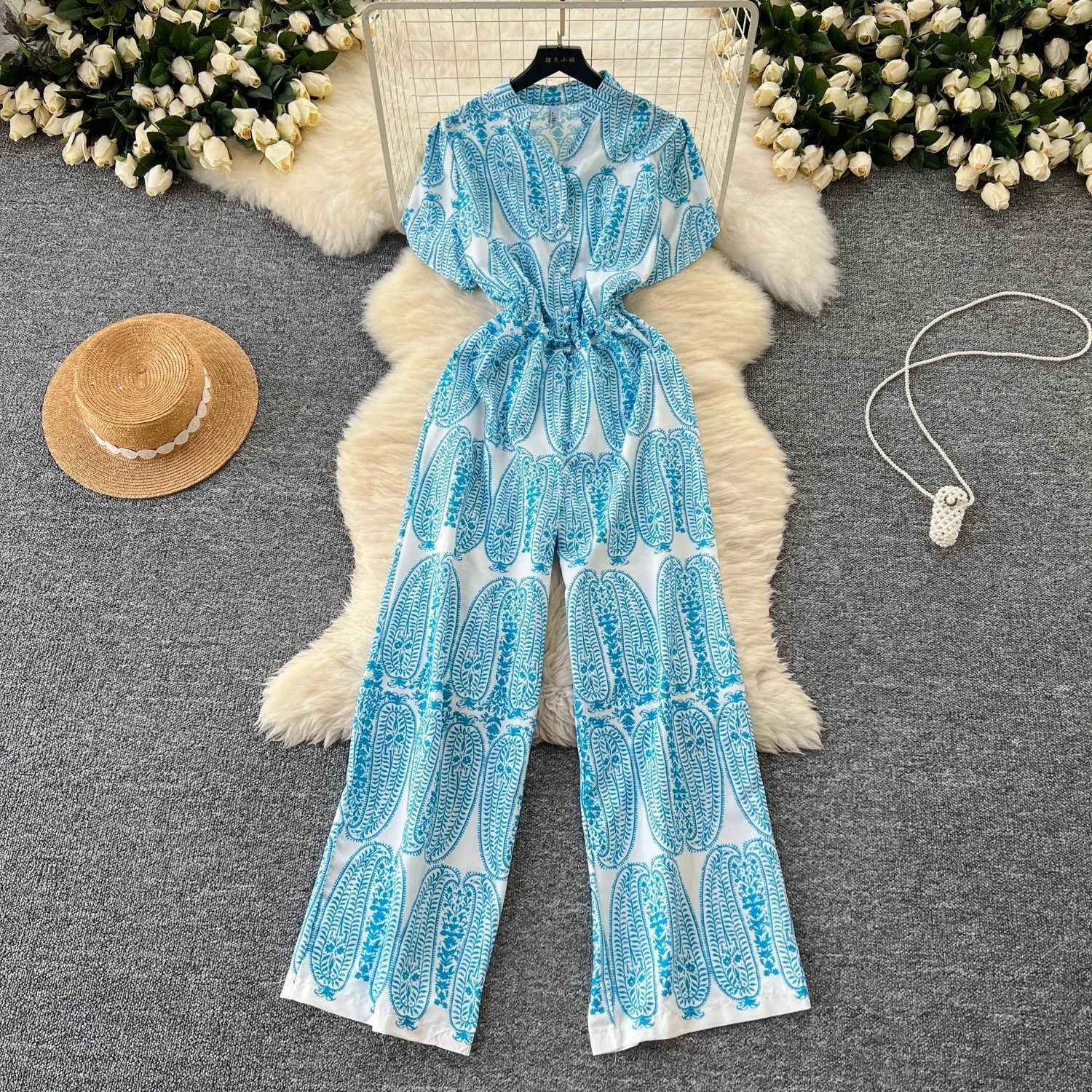2024 New Summer Women V-Neck Puff Slve Bottons Slim Jumpsuits High Quty Retro Print Wide Leg Long Pants Pleated Jumpsuits X250318