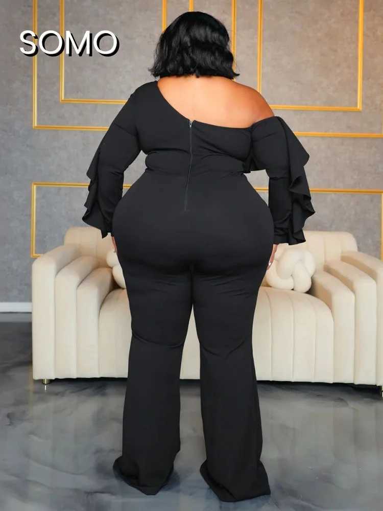 SOMO Plus size womens jumpsuit one-piece long Sleve 2024 solid color sexy loose oblique shoulder jumpsuit wide leg straight run X250318