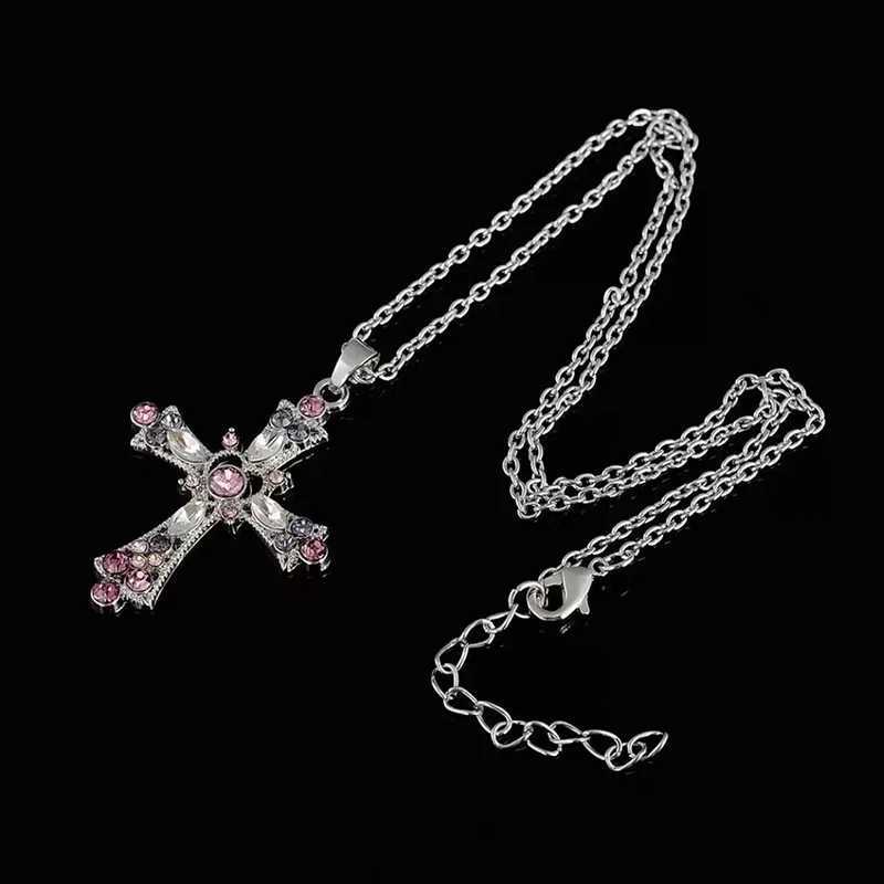 Y2K Fashion Heart Cross Pendant Necklace Pink Crystal Egirl Sweet Kravik Chain Necklace Fashion Party Jewelry Gift W250318