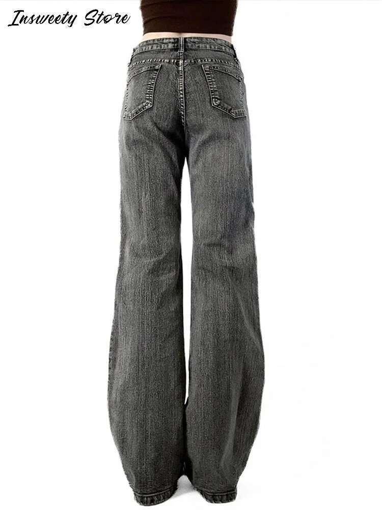 Embroidery Sequined Bell-Bottom Jeans Women's High Waist Straight Leg Long Trousers 2025 Spring New Lady Fashion Streetwear