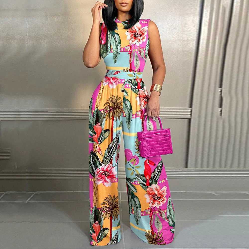 Casual sleeveless printed jumpsuit for womens spring and summer long leg jumpsuit 2023 black one-piece jumpsuit X250318