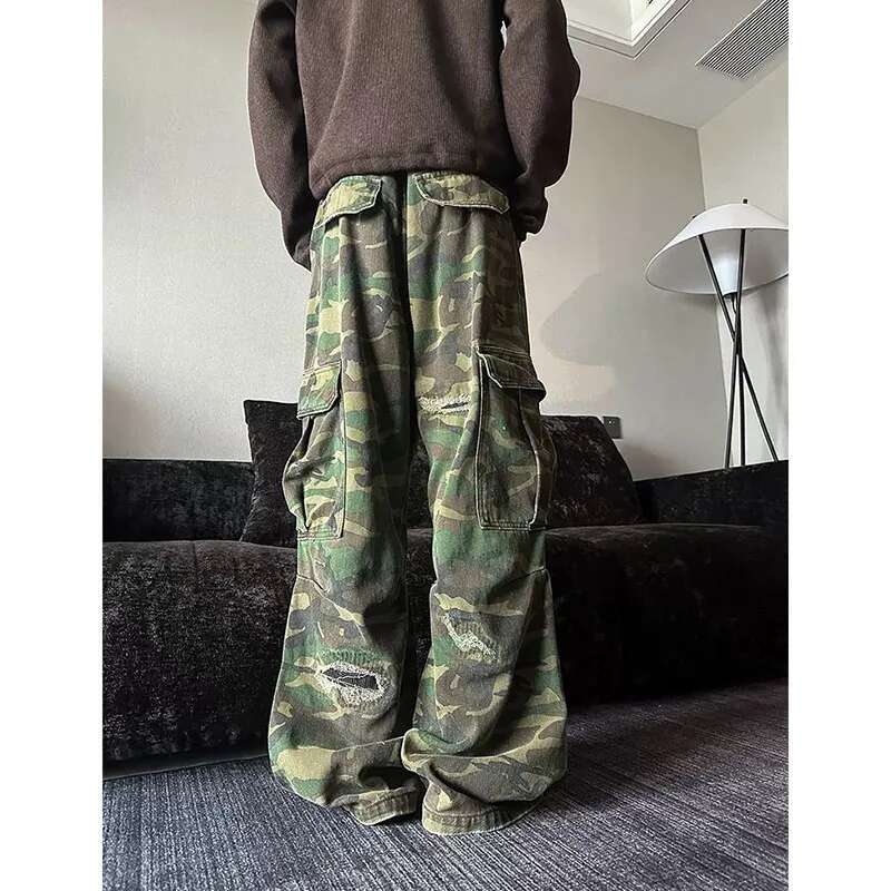 Camouflage Women Y2k Hip Hop Vintage High Waisted Jeans Straight Streetwear Casual Loose Large Size Wide Leg Denim Pants