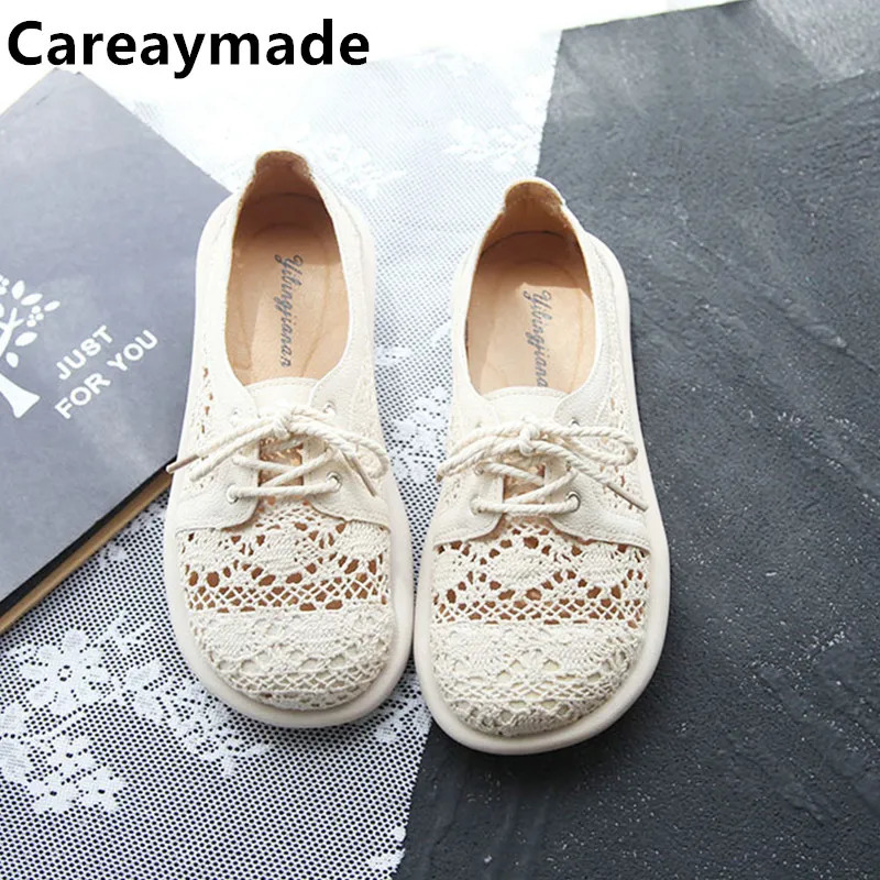 Careaymade-Artistic cotton linen lace mesh womens shoes Summer beach shoes Bohemian single shoes Womens small white shoes 250318