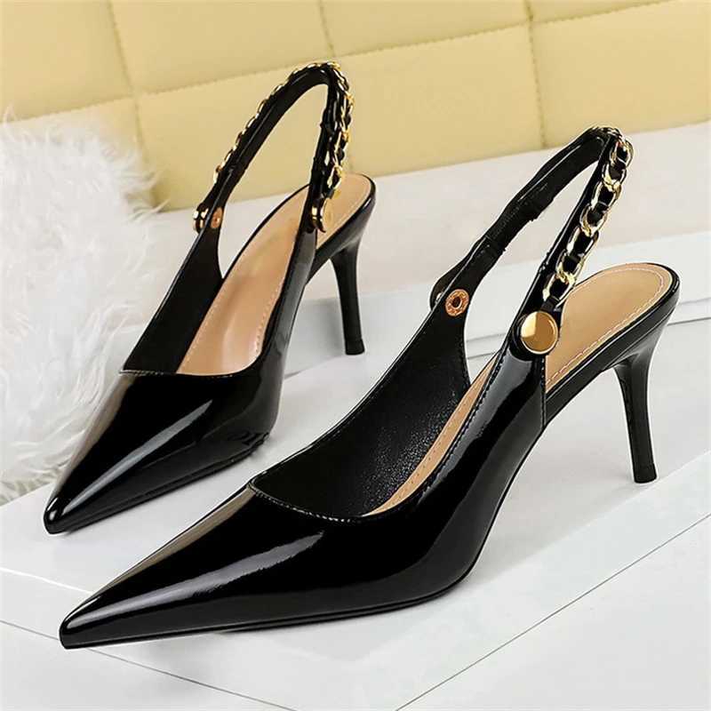 BIGTREE Patent Leather Wen Pumps Stilettos H Hollow Out CHAIN SLIP- Elegant Party Shoes Womens Shoes Y250317
