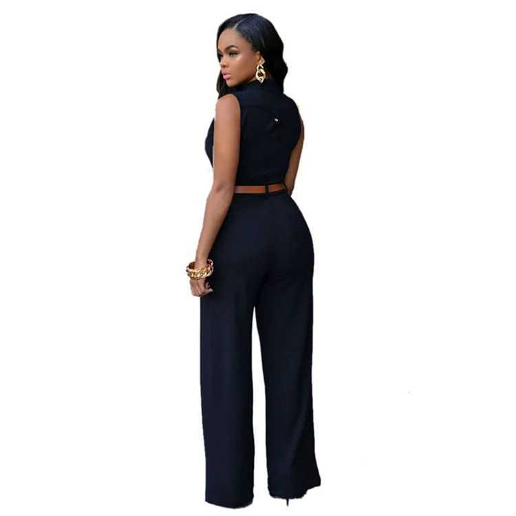 Elegant Womens Jumpsuits Belt Summer High Waist Wide Leg Button V-neck Slveless Casual Sexy Solid Blue Office Lady Rompers X250318