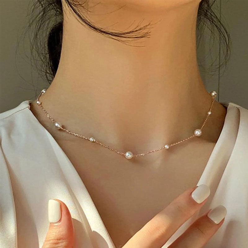 Size 4/6mm Pearl Chain Necklace Women Simple Everything Choker Clavicle Chain Jewelry