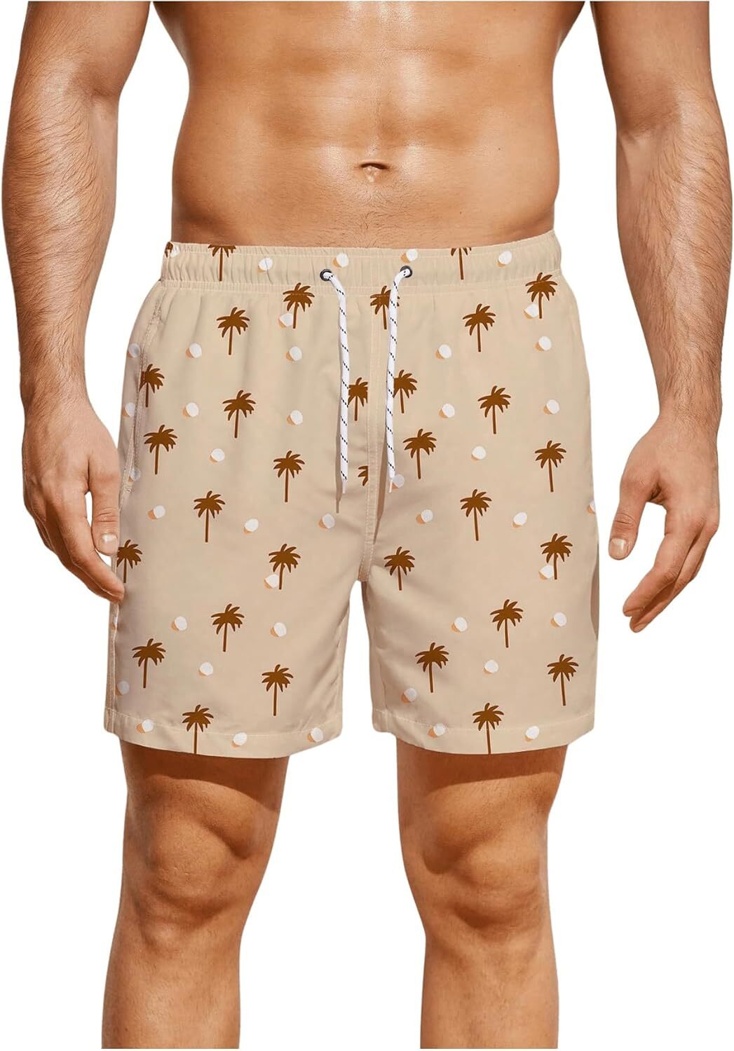 Men's Coconut Tree Print Hawaiian Shorts Tropical Drawstring Swim Trunks with Pocket Fashionable printed shorts