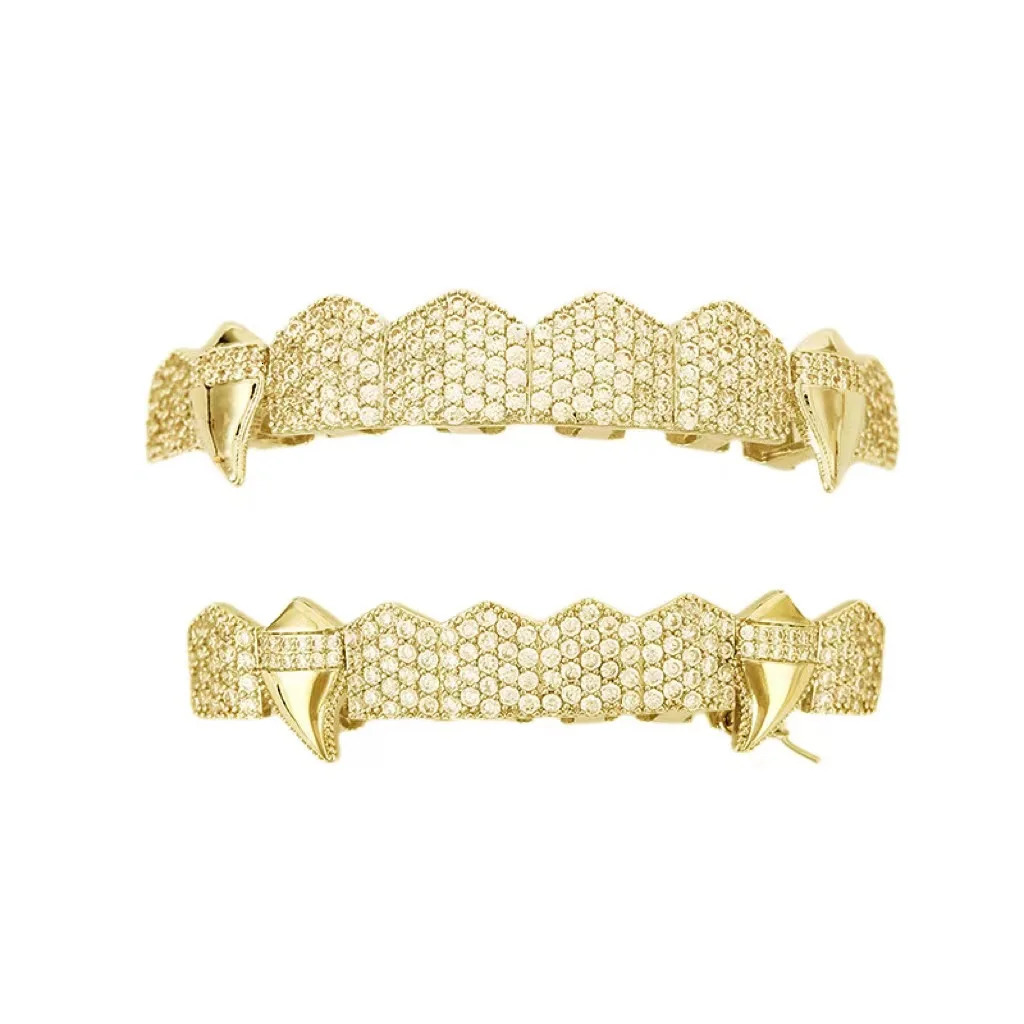 Hip Hop Full CZ Stones Teeth Caps Cubic Zircon Iced Out Micro Pave Top Bottom Charm Grills For Men Women Jewelry 250318