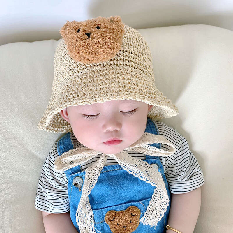 Instagram Cartoon Little Bear Children's Straw Summer Outdoor Sunscreen Sun Princess Baby Travel Strap Sunshade Hat